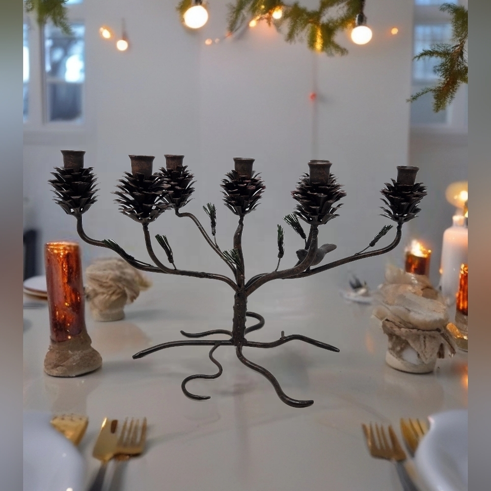 Vintage Metal Candleabra Pinecone Metal Pine Needles Bird Holiday Table Decor